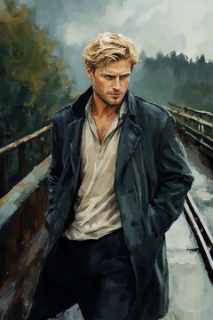 Mysterious male character for a detective novel with a contemplative expression on a rainy day