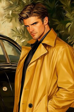 Stylish male character for a book cover posing confidently beside a vintage car