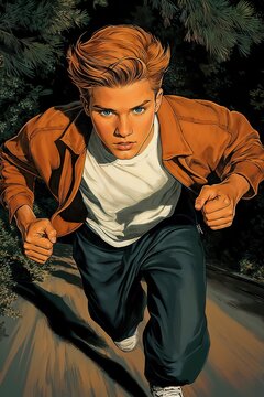 Running male character for a book in action pose with determination and energy