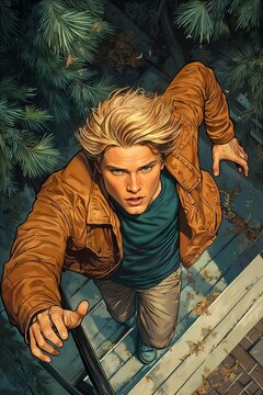 Dynamic male character climbing stairs in an action pose with determination and energy