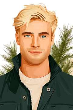 Illustrated male character for a book cover with a friendly smile against a bright background