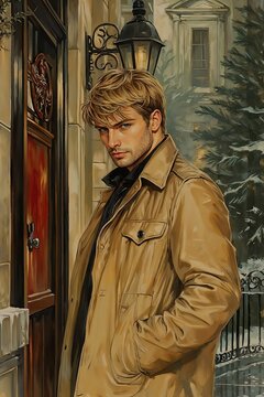 Romantic male character for a book cover standing confidently in a cozy, inviting setting