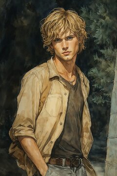 Charming male character for a book cover in casual attire with a thoughtful expression