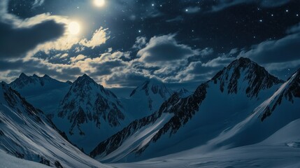Fototapeta premium Majestic snow capped mountains under a starry night sky