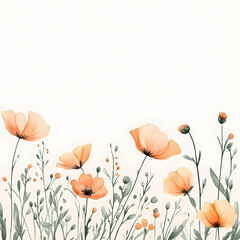 Naklejka premium California Poppy up horizontal border, with minimal details and a simple illustration. Watercolor botanical banner for the design of invitations, cards, congratulations, announcements, sales, station