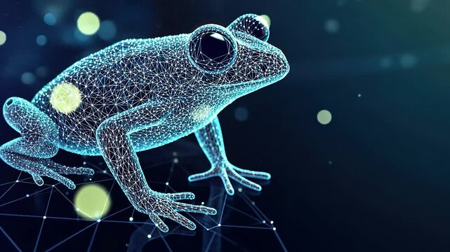 Abstract glowing polygonal frog on dark background.