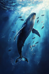 Fototapeta premium Illustration of a majestic whale swimming through the deep ocean, surrounded by schools of smaller fish. The serene blue of the water and the graceful movement of the whale evoke a feeling of wonder