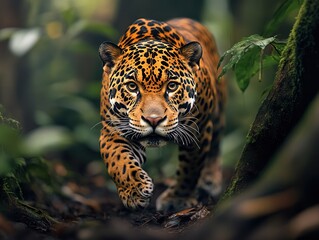 Obraz premium Jaguar prowls stealthily through the lush Amazon rainforest, showcasing its incredible beauty and strength amidst dense vegetation. Generative AI