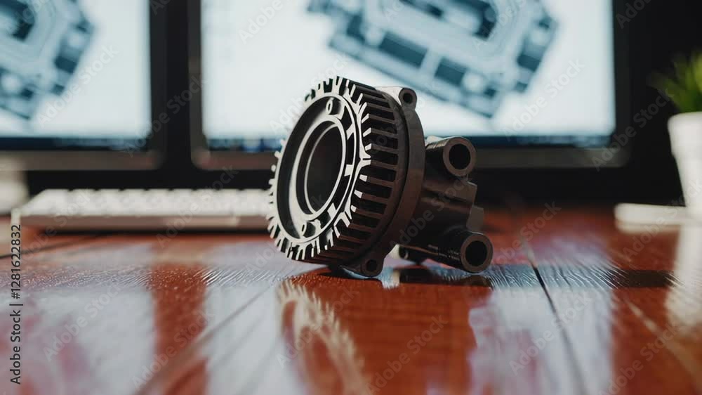Poster Engineering prototype lying on a desk with computer screens displaying cad software in the background, showcasing innovation and precision in slow motion