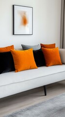 Fototapeta premium Modern Living Room Interior Design with Orange Cushions