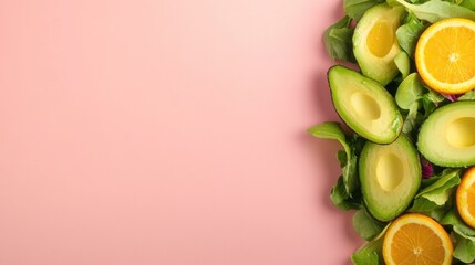 Fresh avocados and oranges arranged on pink background create vi