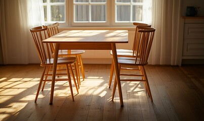Fototapeta premium Wooden table and four chairs in sunlit room, dining or staging