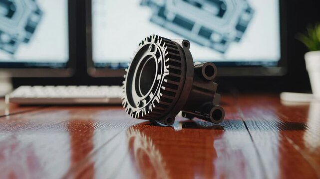 Engineering prototype lying on a desk with computer screens displaying cad software in the background, showcasing innovation and precision in slow motion