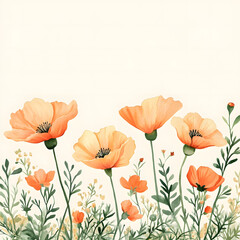 California Poppy horizontal border, with minimal details and a simple illustration. Watercolor botanical banner for the design of invitations, cards, congratulations, announcements, sales, stationery