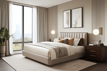 Fototapeta premium Serene Modern Bedroom with City View