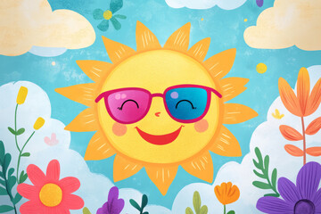 Illustration of a smiling sun wearing sunglasses, surrounded by playful clouds and colorful flowers. The bright, sunny day and cheerful vibe create an uplifting, fun atmosphere perfect for a