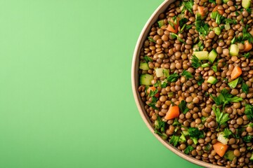 Fresh lentil salad topped with vibrant veggies on green backgrou