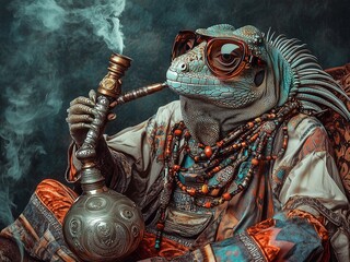 Stylish iguana smokes from a round flask, in the theme and style of cyberpunk and steampunk, on a dark vintage background. A blend of nature and technology, concept.