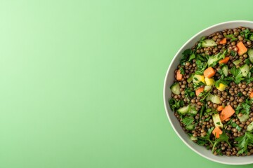 Fresh salad in bowl showcases vibrant greens and colorful veggie