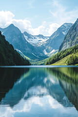 Fototapeta premium Illustration of a serene lake nestled in a mountain valley, surrounded by vibrant green forests and towering snow capped peaks. The calm water mirrors the stunning scenery, creating a peaceful and