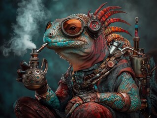 Obraz premium Stylish iguana smokes from a round flask, in the theme and style of cyberpunk and steampunk, on a dark vintage background. A blend of nature and technology, concept.