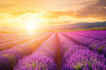 Fototapeta premium Illustration of a vibrant lavender field stretching endlessly under a golden sunset sky. The rows of purple flowers contrast beautifully with the warm tones of the setting sun, while a gentle breeze
