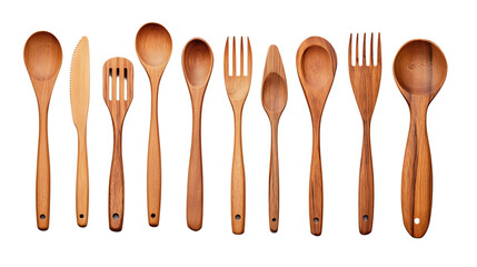 Handcrafted wooden kitchen utensils, eco-friendly, neutral white background, isolated PNG, high-resolution texture details
