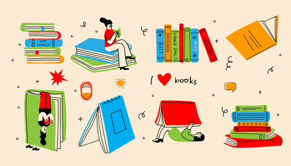Big creative set illustrations for World Book Day. Collection cute cozy clip art with books, stack of book, people reading books, coffee cup, hands. Book lover concept.