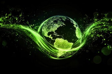 digital illustration of earth with glowing green energy streams sustainable technology symbols clean environment elements futuristic ecodesign