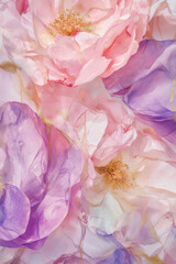 Illustration of a modern floral pattern with delicate roses and peonies in shades of pink, lavender, and gold. The soft, elegant design is perfect for creating fashion pieces like scarves or dresses