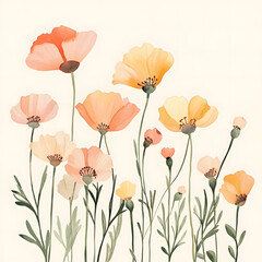 Fototapeta premium California Poppy up horizontal border, with minimal details and a simple illustration. Watercolor botanical banner for the design of invitations, cards, congratulations, announcements, sales, station