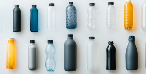 Obraz premium Colorful plastic bottles arranged on a white background; showcasing variety and different shapes