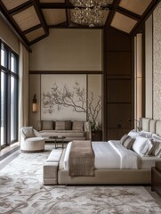 An elegant bedroom displays a luxury interior design arrangement