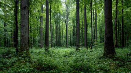 Lush green forest, tall trees, dense canopy, nature scene, peaceful, ideal for environmental prints