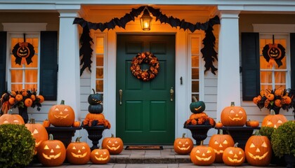 Obraz premium Jack o lantern glowing in the garden on a spooky Halloween night