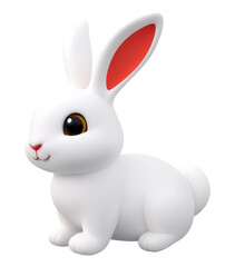 Cute white rabbit in 3D cartoon style with large ears, orange eyes, and a small round tail. The rabbit has a smooth, rounded body and a friendly expression. Isolated on transparent background, png.