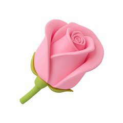 Pink rosebud in 3D cartoon style with soft petals and a green stem. The smooth curves and bright color give it a charming, elegant, and romantic look. Isolated on transparent background, png.
