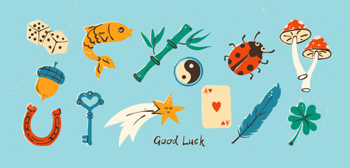 Obraz premium Set of traditional and Asian symbols of good luck. Vector illustrations of elements that bring wealth and prosperity. Collection of flat elements on isolated background.