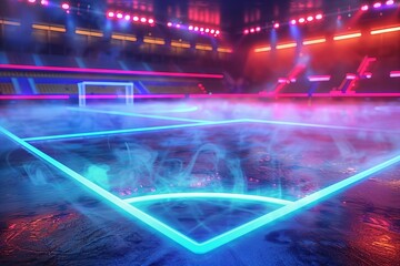futuristic soccer game field with neon fog, highlighting the center midfield in a 3D illustration.