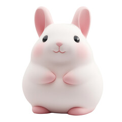 Cute white bunny in 3D cartoon style with black eyes, pink cheeks, and small ears. Its plump body, soft fur, and friendly smile create an adorable appearance. Isolated on transparent background, png.