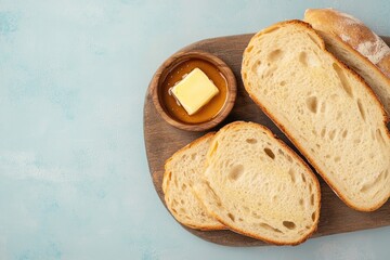 Freshly sliced bread on wooden board with butter and honey in bo