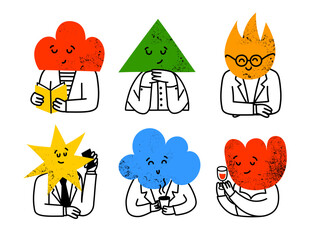 Abstract geometric characters avatars. Cartoon cute geometry shapes with funny faces, hands. Funny square, triangle, circle. Vector set.