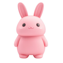 Pink bunny with long ears in 3D cartoon style featuring black eyes, round cheeks, and a chubby body. Its smooth, soft design gives it a cute and friendly look. Isolated on transparent background, png.