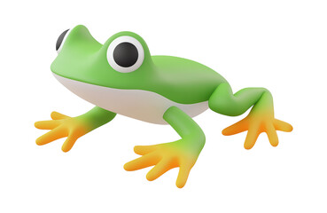Green frog with orange feet in 3D cartoon style featuring large eyes, smooth skin, and white belly. Its bright colors and playful design create friendly look. Isolated on transparent background, png.