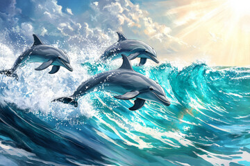 Fototapeta premium Illustration of a playful school of dolphins leaping through the sparkling turquoise ocean waves. The sunlight dances on the water, creating a magical shimmer, while the dolphins' sleek bodies move
