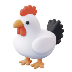 White chicken with red comb in 3D cartoon style featuring black eyes, orange beak, and dark tail feathers. Its round body and simple design create a cute look. Isolated on transparent background, png.