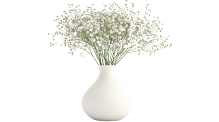 Minimalist white ceramic vase with fresh flowers, perfect for interior decor, high-resolution, clean white background, isolated PNG