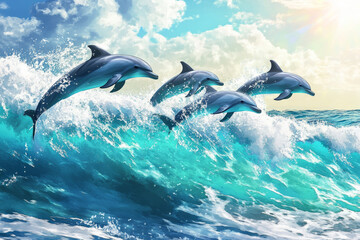 Fototapeta premium Illustration of a playful school of dolphins leaping through the sparkling turquoise ocean waves. The sunlight dances on the water, creating a magical shimmer, while the dolphins' sleek bodies move