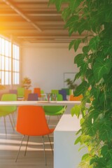 Bright workspace filled with colorful chairs, green plants, and