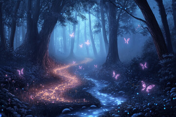 Illustration of an ethereal forest at dusk, with bioluminescent plants lighting the way along a winding stream. A glowing fog hovers above the ground, and mystical creatures with delicate wings fly
